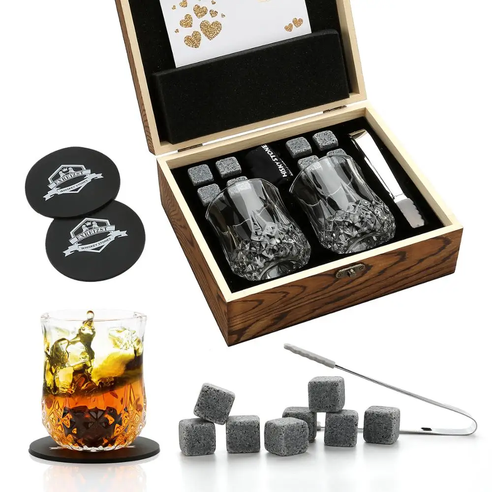 Whiskey Stones and Glass Gift Box Set - 8 Granite Chilling Whisky Rocks + 2 Glasses in Wooden Best for Men Fa | Дом и сад