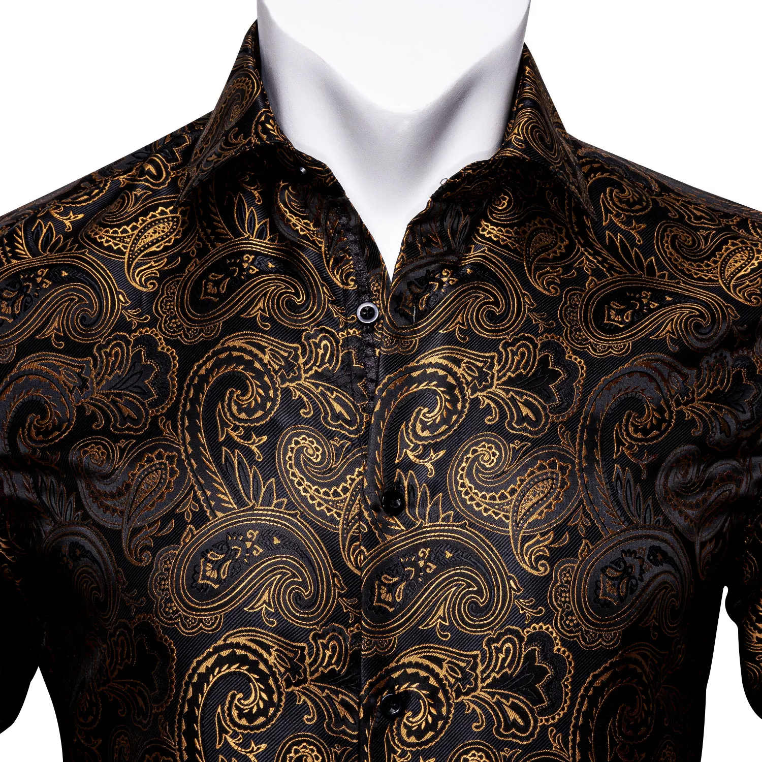 Gold Paisley Silk Men Shirts Long Sleeve Casual Flower Shirts For Men Dress Barry.Wang Designer Leopard Collar Pin
