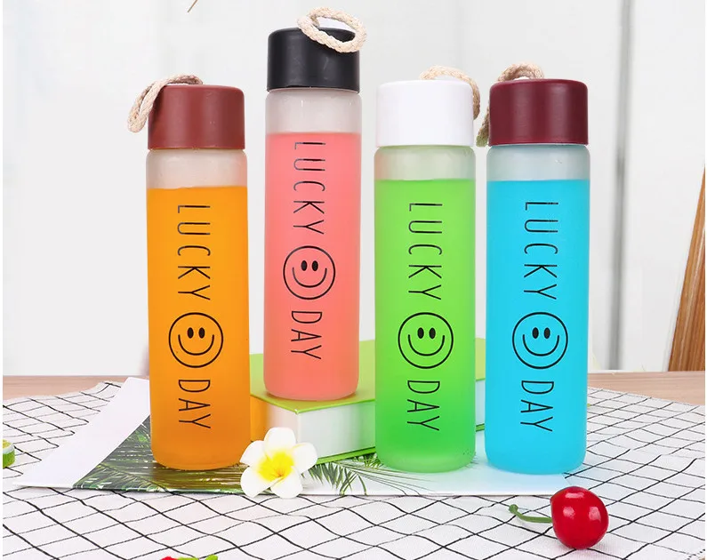 Transparent Smiley Face Couple Glass Scrub Water Cup Handy Creative Outdoor Motion Portable Cup Random Colour