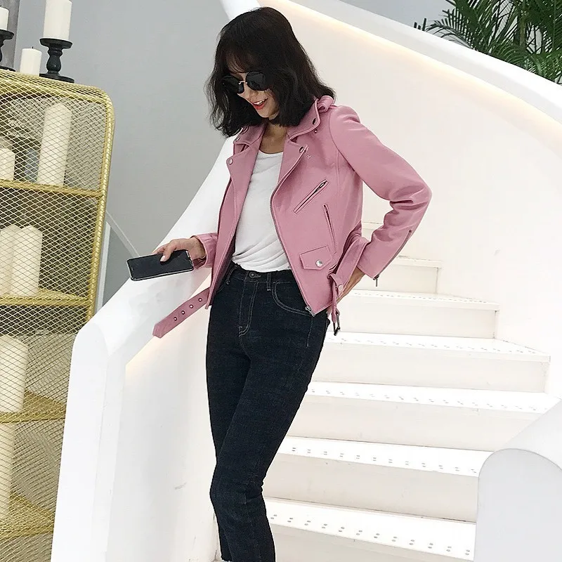 2020 Spring Sweet Pink Womens Sheepskin Biker Real Leather Jacket Designer Lapel Zipper Short Coat Female Streetwear Outerwear | Женская