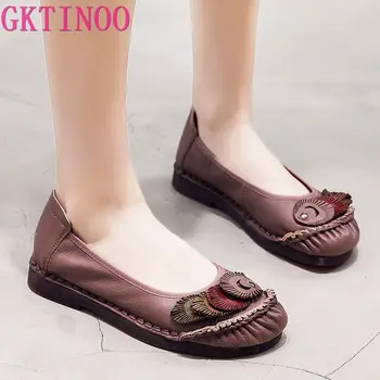 

GKTINOO Casual Genuine Leather Flat Shoe Flower Slip On Driving Shoe Female Moccasins Retro Flats Lady Pregnant Women Shoes
