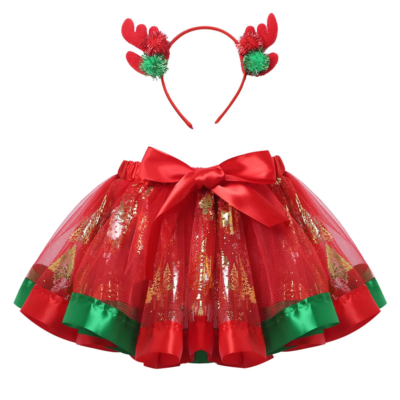 Falda de tutú para niña y niño, disfraz de Navidad, aro de pelo con astas + patrón de árbol de Navidad, falda de tul para niños, traje para Halloween -