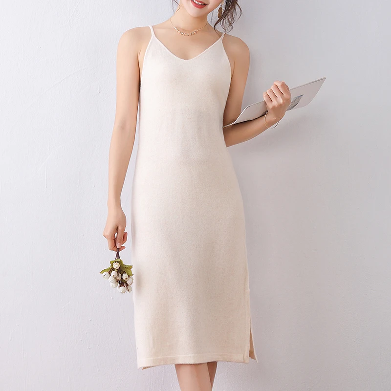 

2020 New 100% Pure Wool Knit Dress Sling V-neck Women's Sweater Skirt Bottoming Skirt Mid-length Fashion