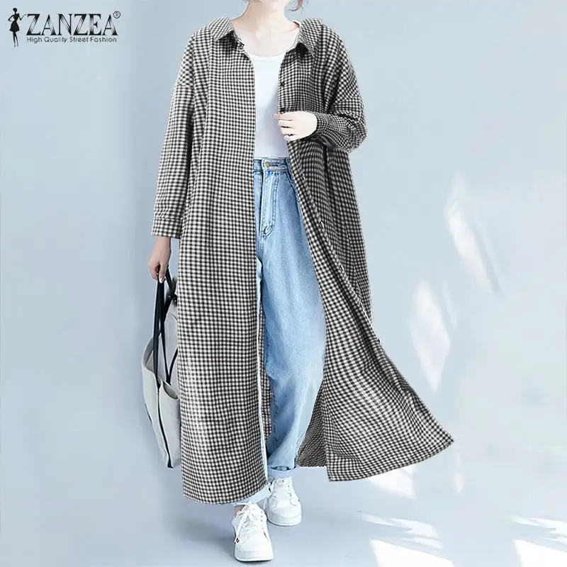 ZANZEA, Модный женский длинный кардиган в клетку, для офиса, леди, хлопок, лен, рубашка в клетку, блузка, повседневная, на пуговицах, туника, топы, блузы