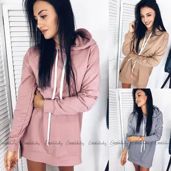 

Women's Long Sleeve Sweatshirt Hooded Casual Hoodie Jumper Sweater Mini Dress Top