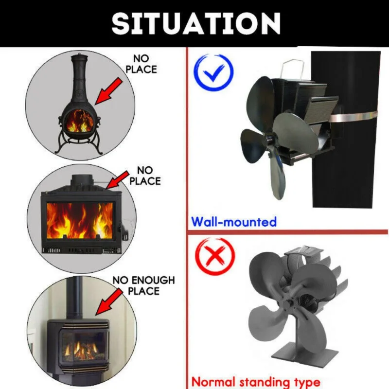 Professional Eco-Friendly 4 Blades Fireplace Fan Wall Mounted Silent Heat Powered Stove Fan For Home Wood Log Burning