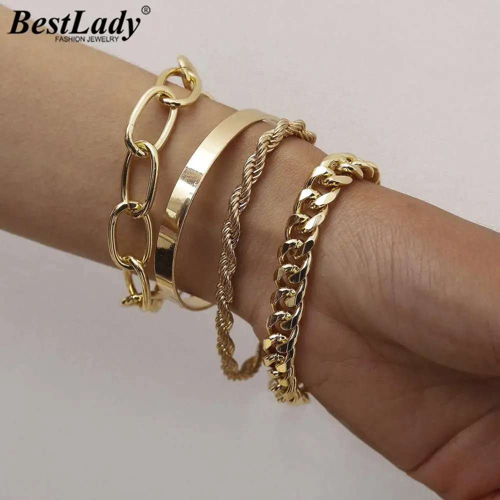 Melhor senhora 4 pçs/set hip hop grosso miami curb cubanas pulseiras pulseiras punk metal trançado elo de corrente pulseira jóias presentes