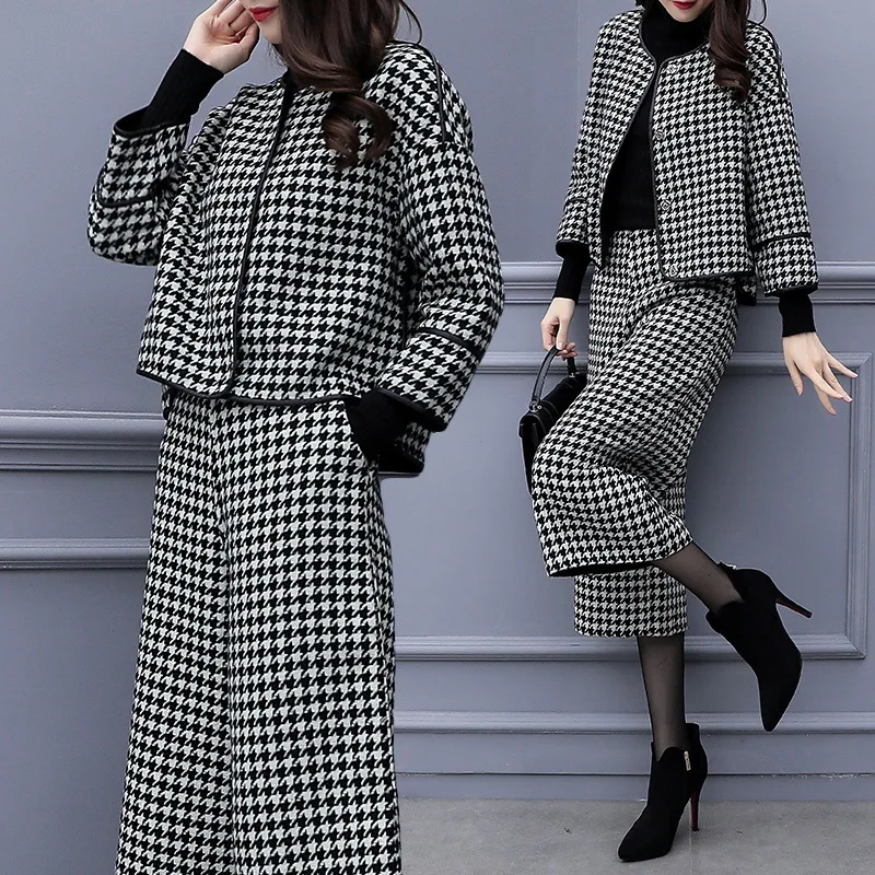 

Dogstooth Two Piece Set Coat And Pants 2 Piece Set Women Swallow Gird Fashion Black White Women Two Piece Outfits