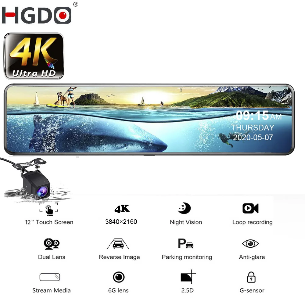 Автомобильный видеорегистратор HGDO 4K 2160P 12 &quotSony IMX415 камера в зеркале заднего вида