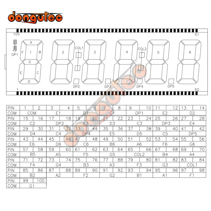100PIN TN Positive 6-Digits Segment LCD Panel 5V White/Yellow Green/Blue Backlight Digital Display Code Time LCD Screen