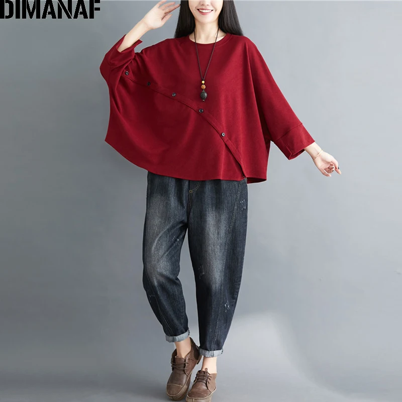 DIMANAF осенние женские футболки, женские топы, футболки, женская одежда, базовая свободная туника с рукавом летучая мышь размера плюс, Новинка - Цвет: Shi3357-red