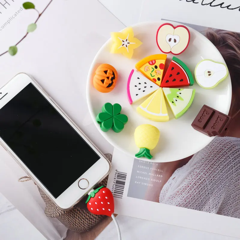 

50Pcs Cartoon Mini Fruits Pizza Chocolate 13 Designs USB Data Charging Line Cable Protector Cord Cover Case Winder