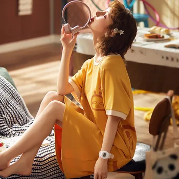 

Summer Women Pajamas Korean Style Cotton Cute Home Service Cartoon Girl Short Sleeve Mid-length Nightgowns W3