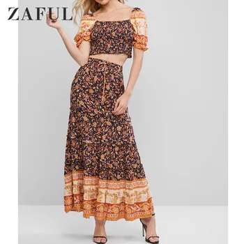 

Zaful Two Piece Women Dress Smocked Floral Two-Piece Set Short Sleeves Top Drawstring Skirt Elegant Holiday Beach Dress