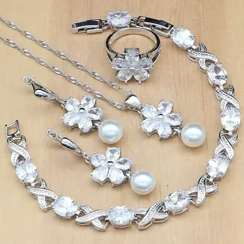 

925 Silver Bridal Jewelry Sets Freshwater Pearls With Natural White Cubic Zirconia Decoration For Women Wedding Set Accessories