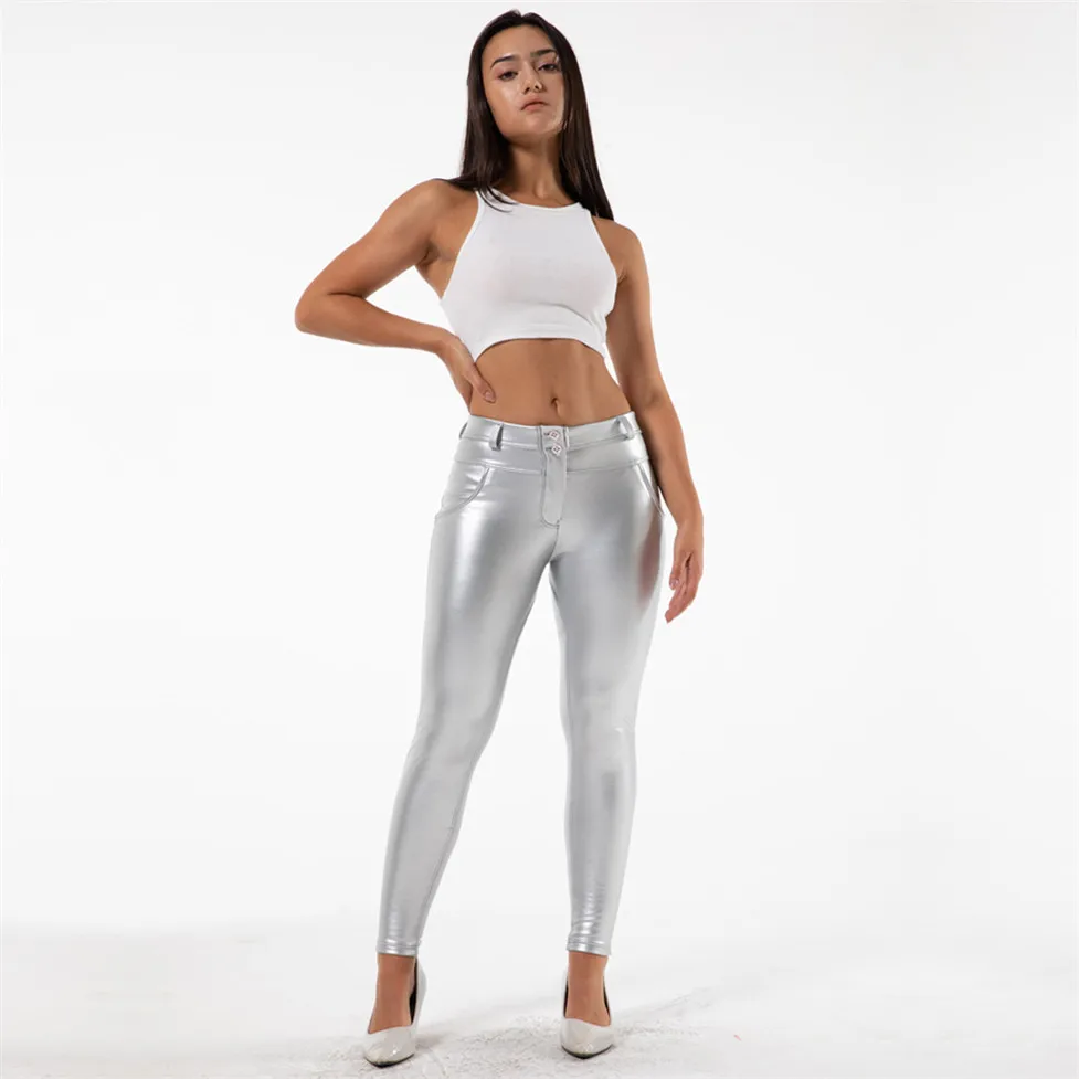 Melody Tall Faux Leather Pants Silver Leather Trousers Warm Fleece Leggings Bum lift Push Up Shaping Women Pants Full Length