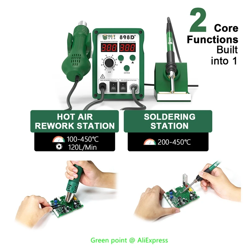BST-898D+ LED Display 2 in 1 Intelligent Lead-Free Hot Air Guns With Soldering Iron SMD BGA Desoldering Rework Welding Station relife f 20 solder paste flux lead free no clean smd soldering flux for phone soldering pcb bga smd rework repair
