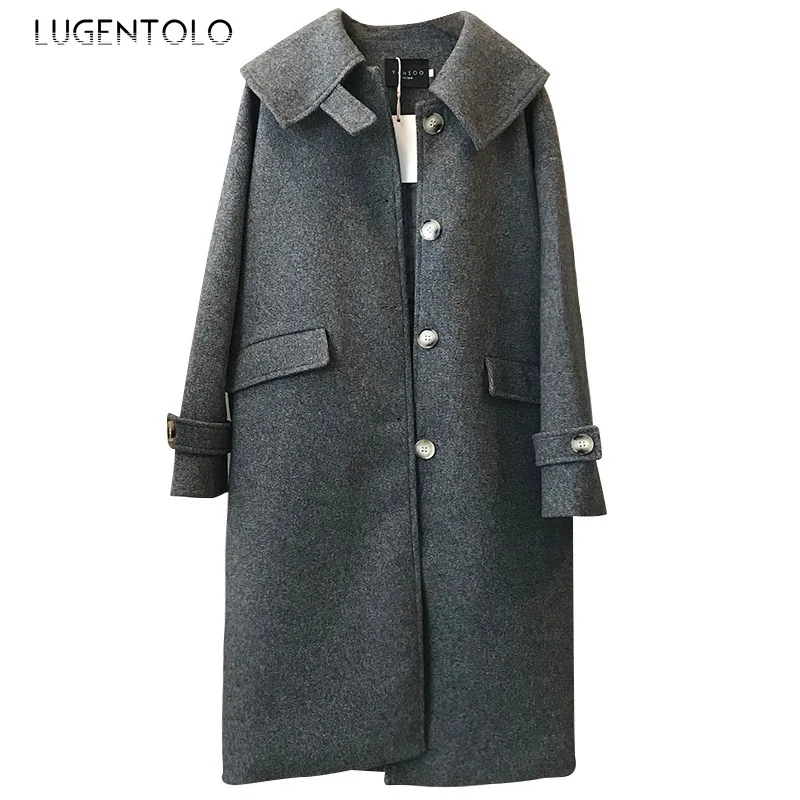 Lugentolo, Женское шерстяное корейское зимнее пальто, отложной воротник, свободное, повседневное, однобортное, средней длины, одноцветное, с карманами, для девушек