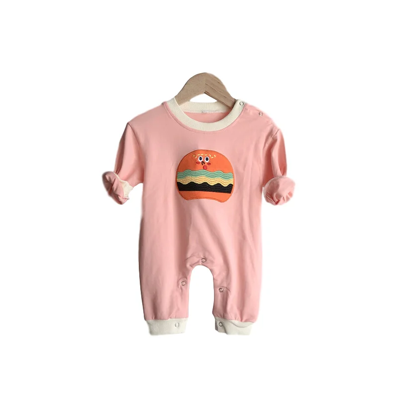 

2020 Baby Long Crawling Clothes Autumn Hamburger Rusty Flower One-Piece Suit Baby round Neck Long-Sleeve Jumpsuit