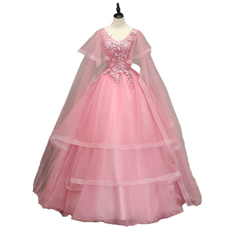 Розовые платья Quinceanera с накидкой для девочек с юбкой из тюля с цветами ручной работы Аппликация из бисера милое бальное платье 16 платья Vestidos De 15 Anos - Цвет: same as picture