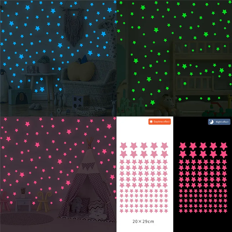 100pcs Glow In The Dark Stars Wall Sticker For Kids Room Ceiling Decor Pink Luminous Fluorescent Decal estrellas luminosas | Дом и сад