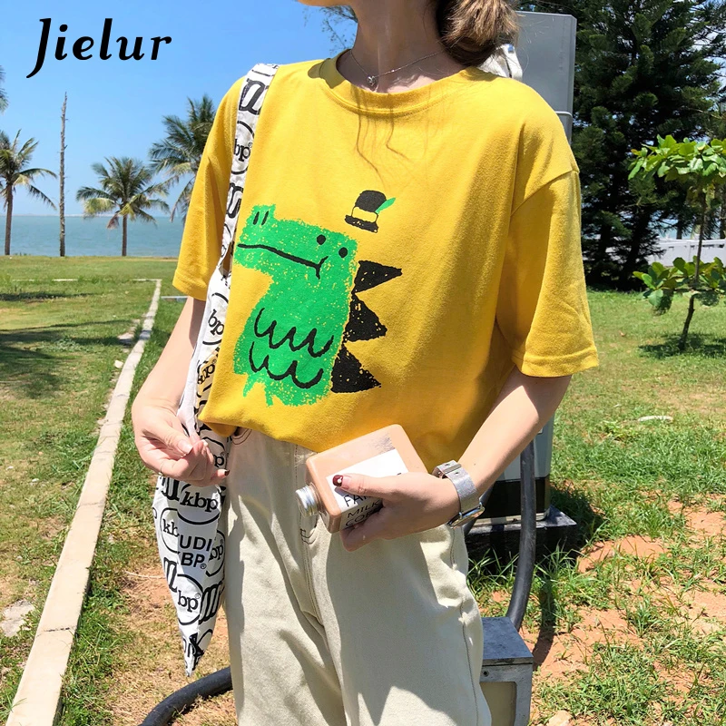 Jielur милый мультфильм Динозавр печатные футболки для женщин 2019 белая футболка