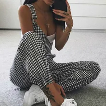 

Women Casual Straps Jumpsuits Fashion Ladies Summer Autumn Clothes Plaids Checked Playsuits Backless Plain Outfits White&Black