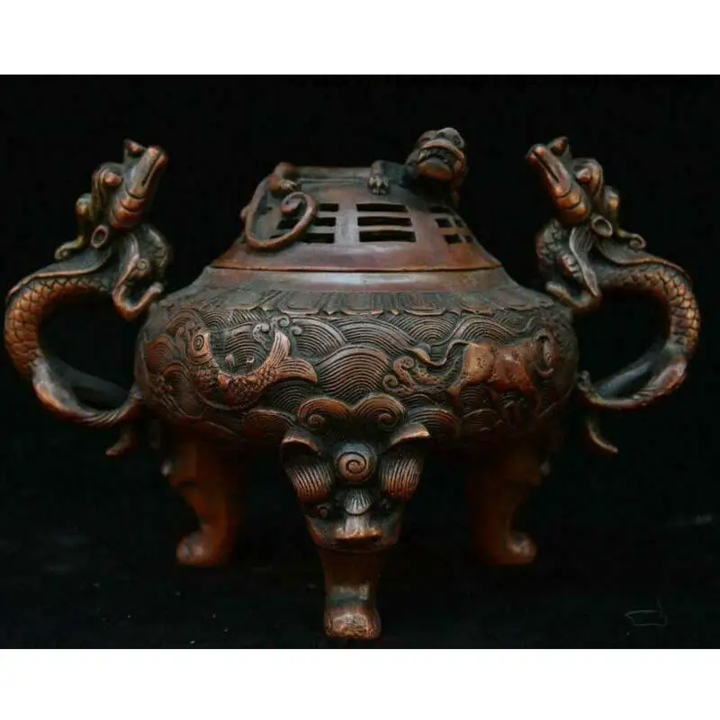7&quot Old Chinese Palace Bronze Dragons Loong Beast Lion Head Incense Burner Censer | Дом и сад