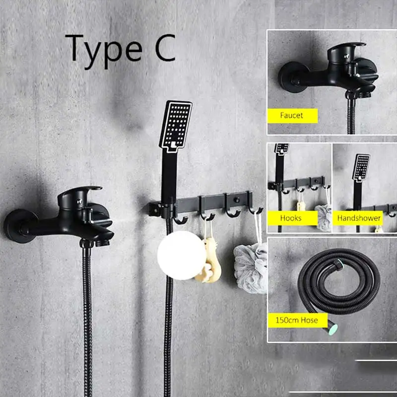 Матовый черный настенный душевой Набор кран с одной ручкой с ручной душевой полкой смеситель для душа и ванной кран башня крюк биде кран - Цвет: Type C