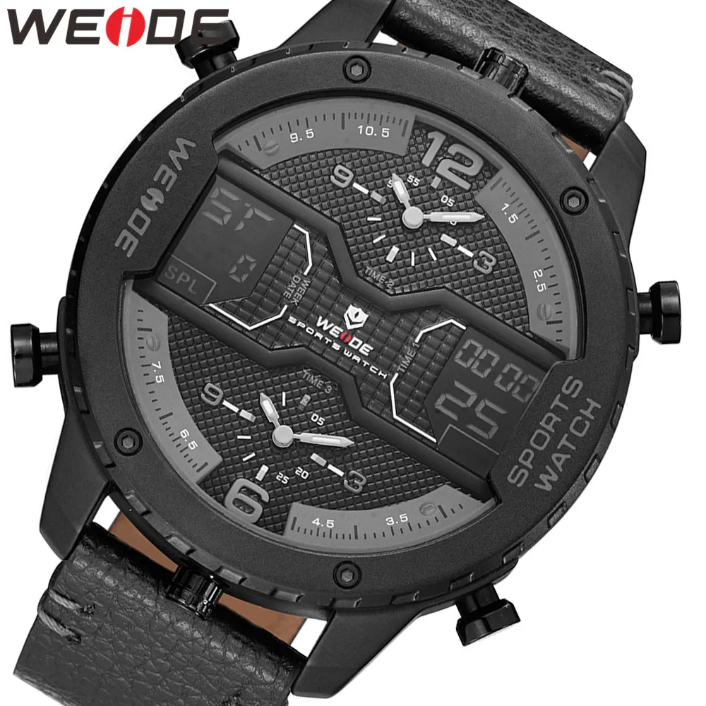 

WEIDE Fashion Mens Analog Watch Three Time Zone Digital Calendar Sport Date Quartz Brown Leather Strap Buckle Wristwatches