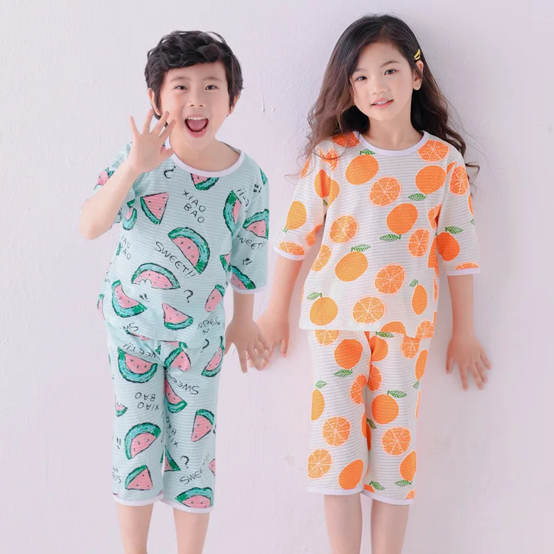 South Korea Children Tracksuit Summer Thin Section Pure Cotton Pajamas Men And Women Children Korean-style Three-quarter-length