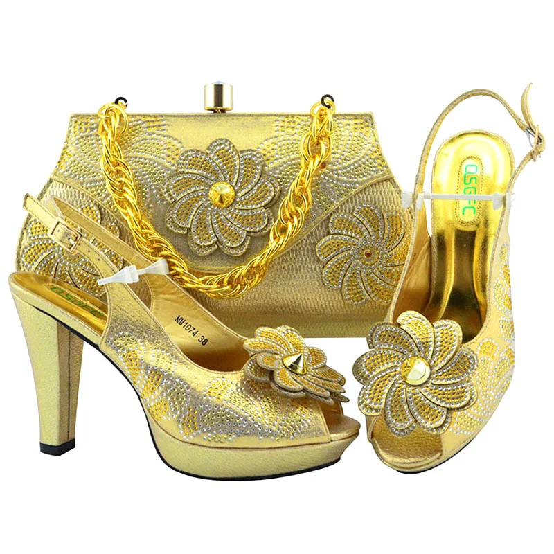 High Quality New Design Italian Elegant Gold Color Shoes And Bag To
