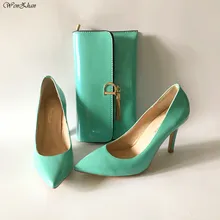 Новейшая женская обувь из лакированной кожи на высоком каблуке, женские наборы сумочек зеленого цвета, размеры 36-43, для любого случая, WENZHAN A98-22