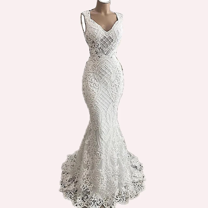 Элегантные длинные белые кружева русалка дубайские вечерние платья Robe De Soiree v-образным вырезом с коротким шлейфом выпускного вечера