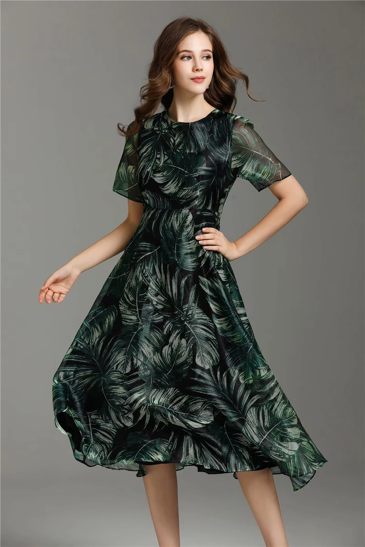Truevoker Summer Runway Designer Ladies Dresses Women's Vintage Green Leaves Printed Midi Vestidos Casual Robe Femme Ete