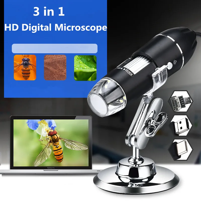 

New Adjustable 1600X 2MP 1080P 8 LED Digital Microscope Type-C/Micro USB Magnifier Electronic Stereo USB Endoscope For Phone PC