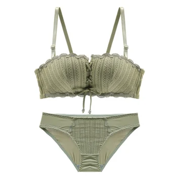 

Sexy Tube Top Suit Knit Solid Color Non-slip Gathered Half Cup Anti-Reveal Bra Set