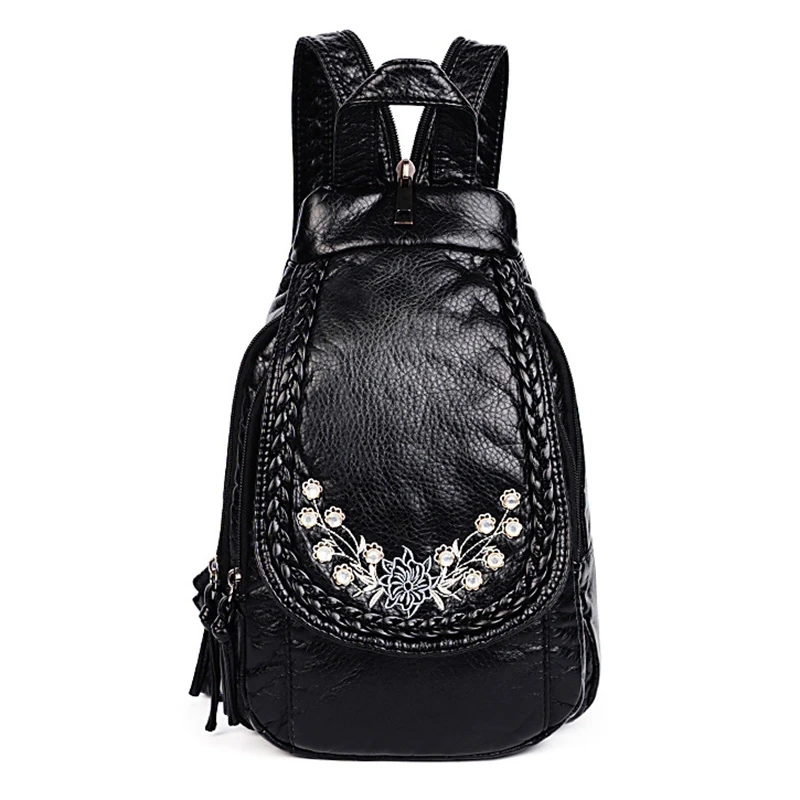 

Embroidery Flowers Women Backpack Small Soft Pu Leather Backpacks for Girls Teenagers Female Shoulder Bag Chest Pack Black Bolsa