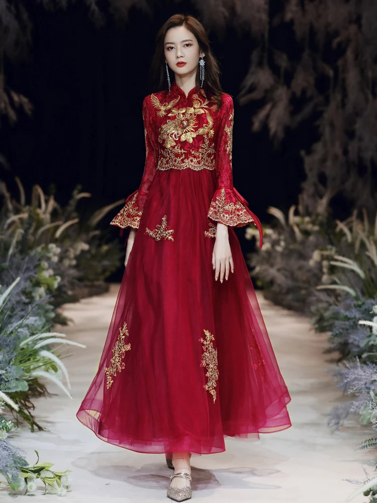 

Chinese Wedding Dress Plus Size Women Clothing High Waist Long Sleeve Red Retro Cheongsams Party Dresses New High End Long Qipao