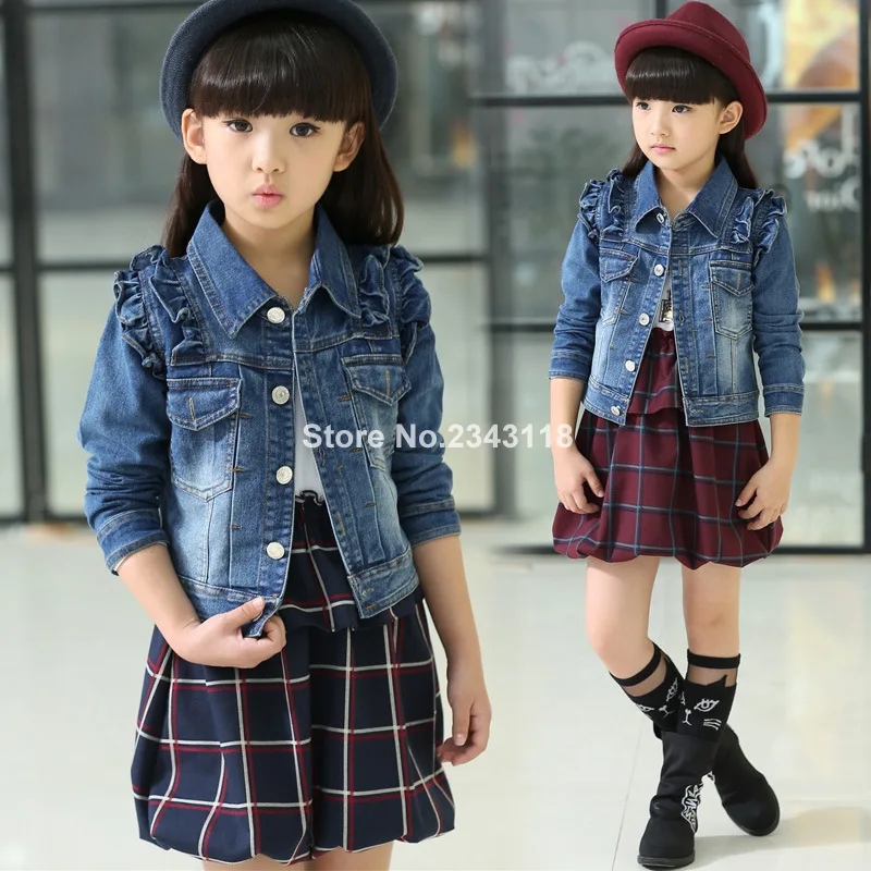 

2019Kids Sets Girl's Plaid Suit Spring and Autumn Denim Jacket + Dress Two Suits 3-12 14 Ages Free Shipping