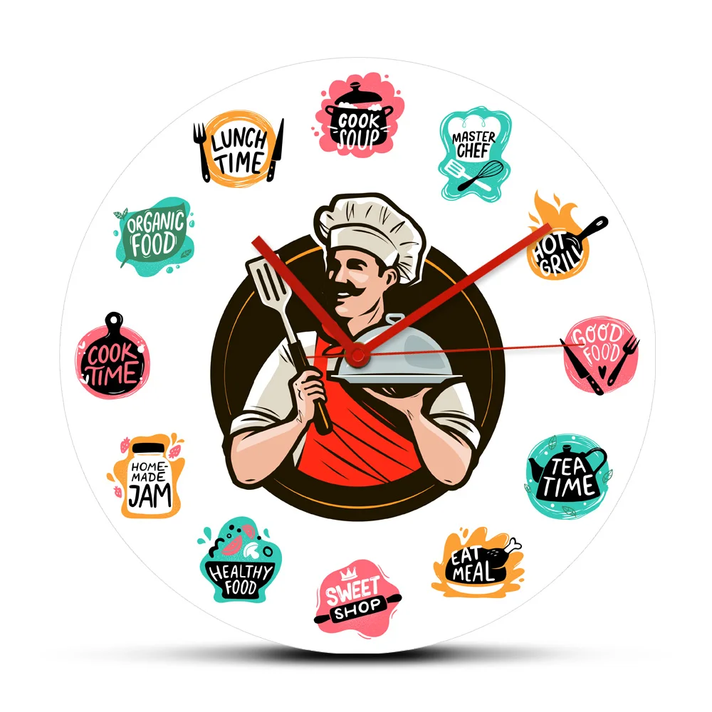 

Cooking Food Baking Foods Wall Clock Kitchen Chef Holding a Tray Restaurant Decorative Wall Hanging Watch Non Ticking Mechanism
