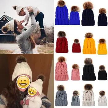 

Women Baby Hat 2PCS Mommy and Me Clothes Warm Winter Hat Knit Wool Beanie Fur Pom Bobble Crochet Cap