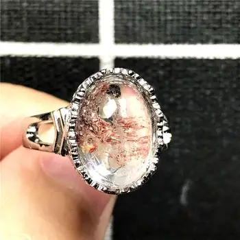 

15x12mm Top Natural Ghost Red Phantom Quartz Crystal Ring For Woman Man Silver Round Beads Beauty Adjustable Ring Jewelry AAAAA