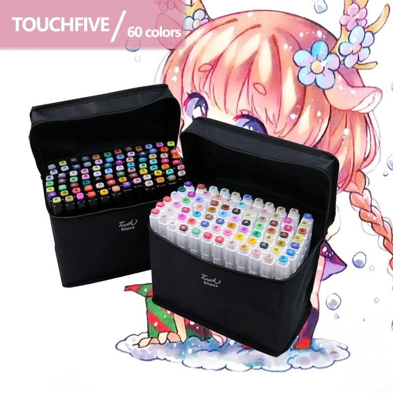 

TOUCHFIVE Markers 60 Colors Dual Tips Alcohol Graphic Sketch Twin Marker Pen With Bookmark Manga Drawing Art Supplies