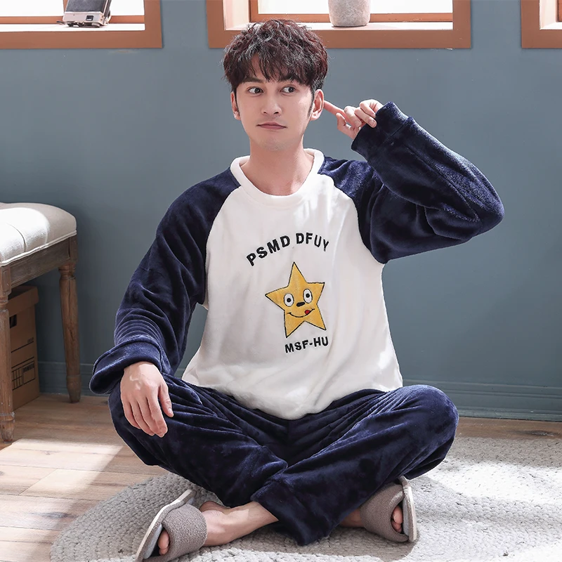 Теплые фланелевые женские пижамы для влюбленных, милые зимние свободные мужские бархатные пижамы с длинными рукавами, пижама из кораллового флиса, топ+ штаны - Цвет: R Y dan xing nan
