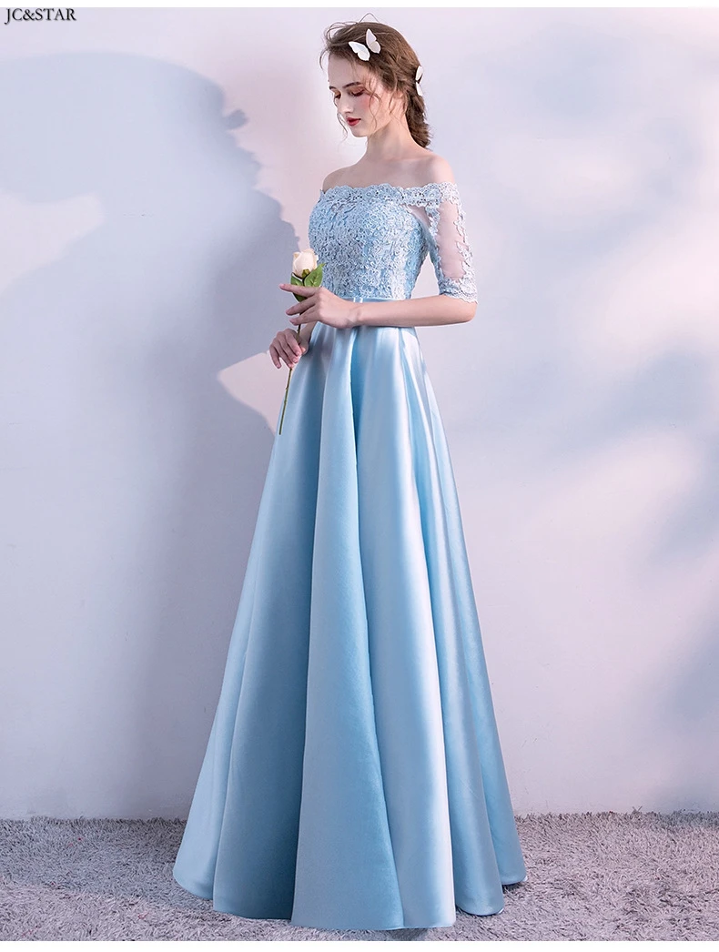 Sukienka druhna new OFF shoulder lace satin half sleeve A Line sky blue bridesmaid dress long women dress for wedding party vest