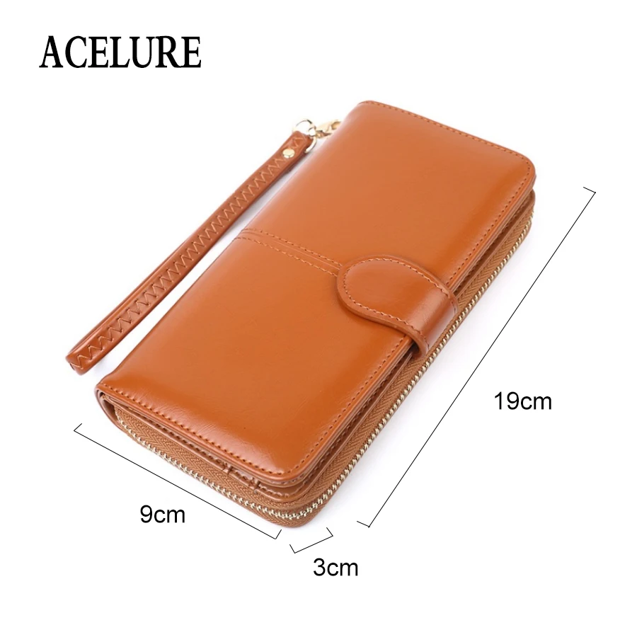 ACELURE Solid Color Women Long Wallets Simple Style Zipper& Hasp Purse With Card Holder Oil Wax Pu Leather Ladies Daily Wallet