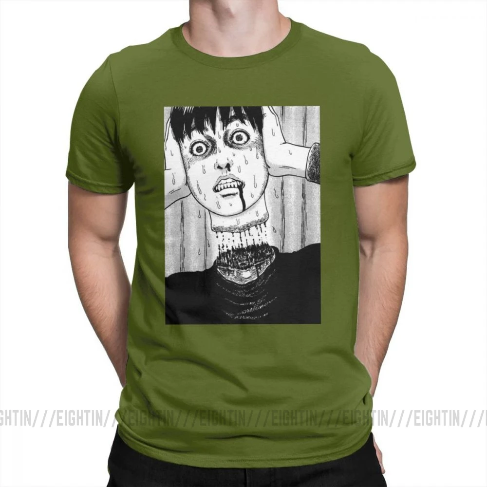 Футболка с воротником под горло HoJunji Ito для Хэллоуина; стильные мужские футболки с короткими рукавами и круглым вырезом; одежда из чистого хлопка; футболки с принтом - Цвет: Армейский зеленый