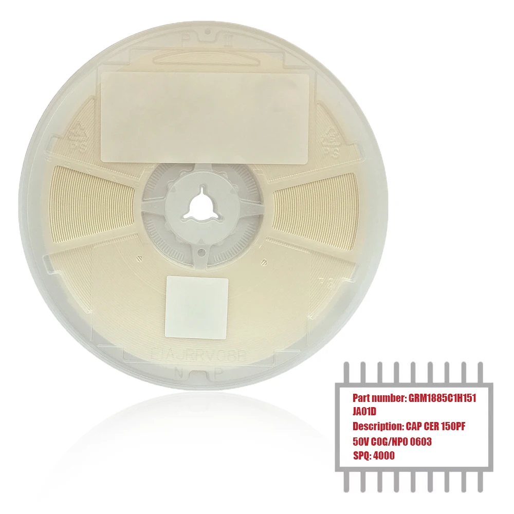 

My Group Asia 4000PCS GRM1885C1H151JA01D ±5% CAP CER ±5% 150PF 50V C0G/NP0 0603 (1608 Metric) SMD MLCC Ceramic Capacitor in St