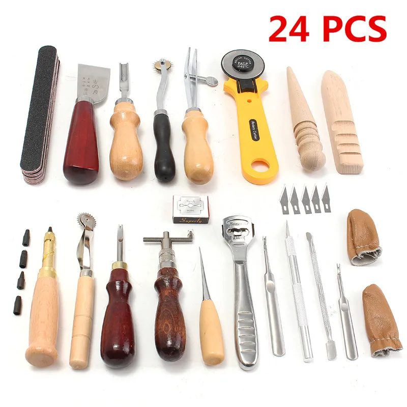 24Pcs Leather Craft Tool Kit Hand Sewing Stitching Punch Carving Work Saddle DIY Leather Craft Tool Set Leathercraft Accessories